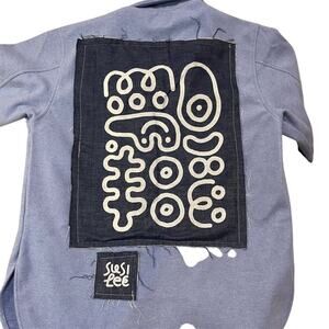 Susi Lee Women's Blue Jacket oversized S Artistic Denim Appliqué Button Front